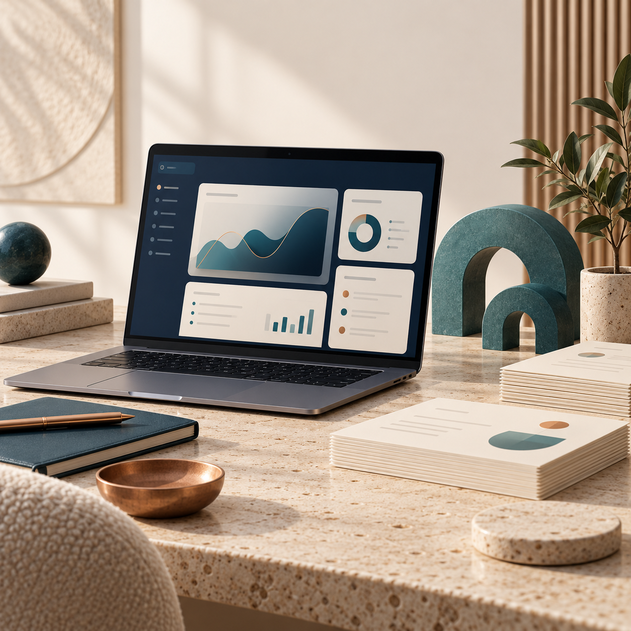 Illustrated workspace with a laptop, organized documents, and teal architectural shapes